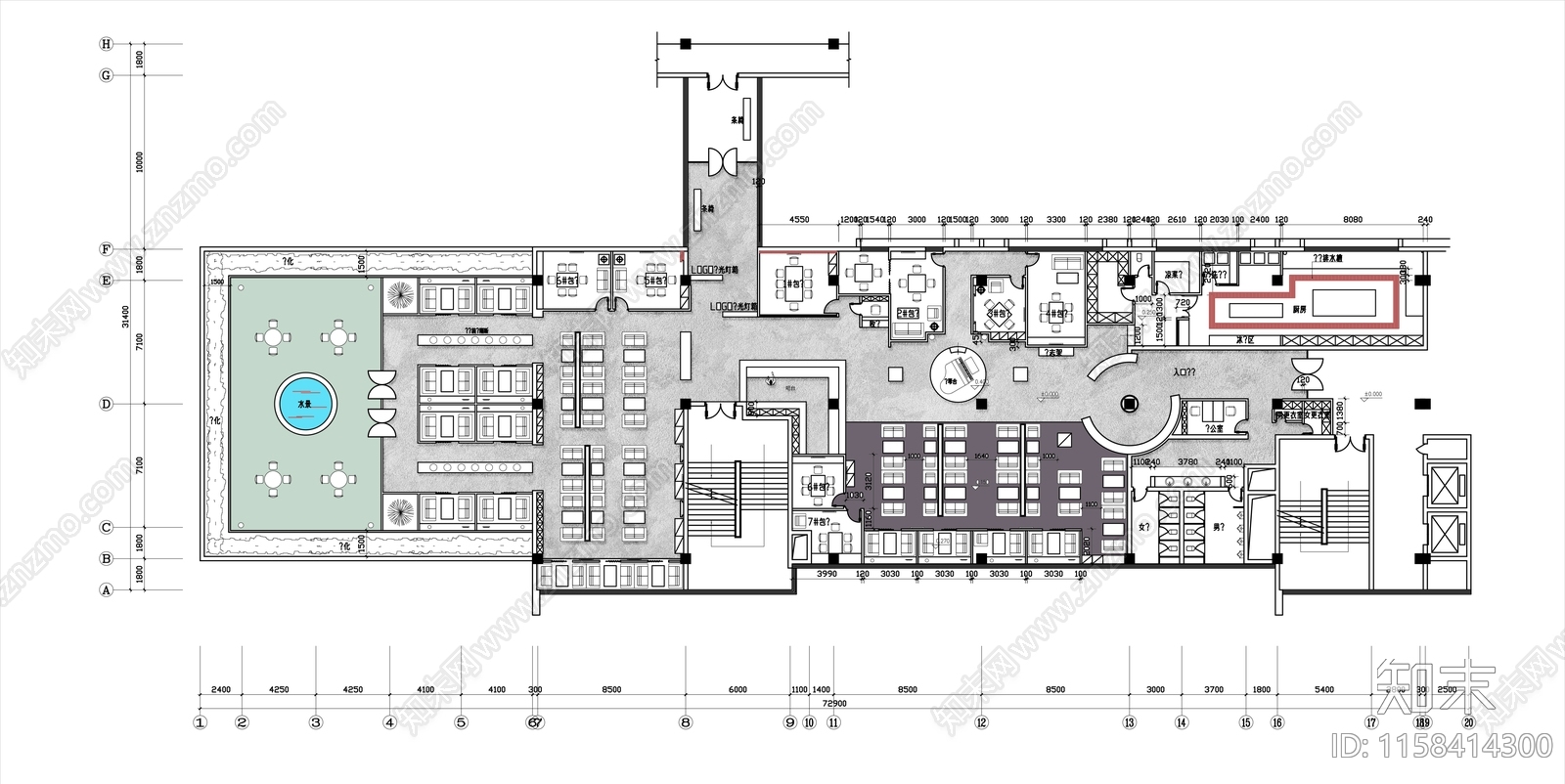 1000㎡音乐咖啡西餐厅平面布局图施工图下载【ID:1158414300】