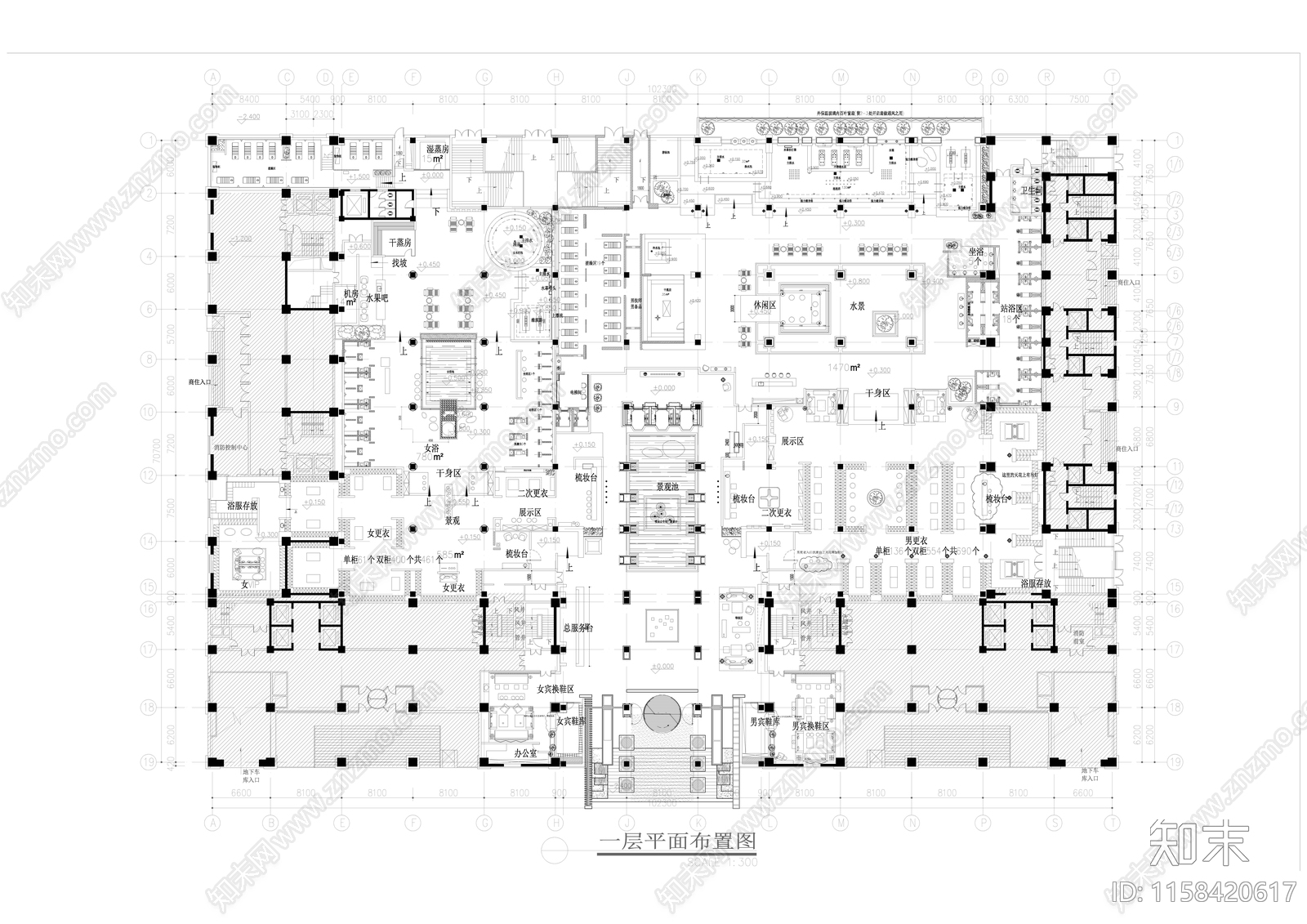 大型洗浴平面布置图施工图下载【ID:1158420617】