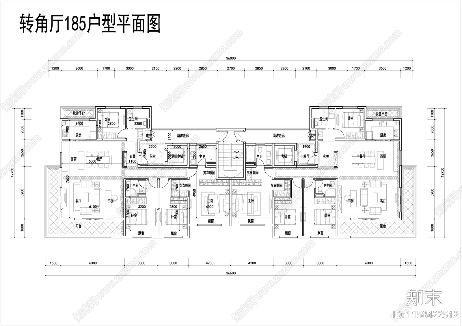 转角厅185户型平面图cad施工图下载【ID:1158422512】