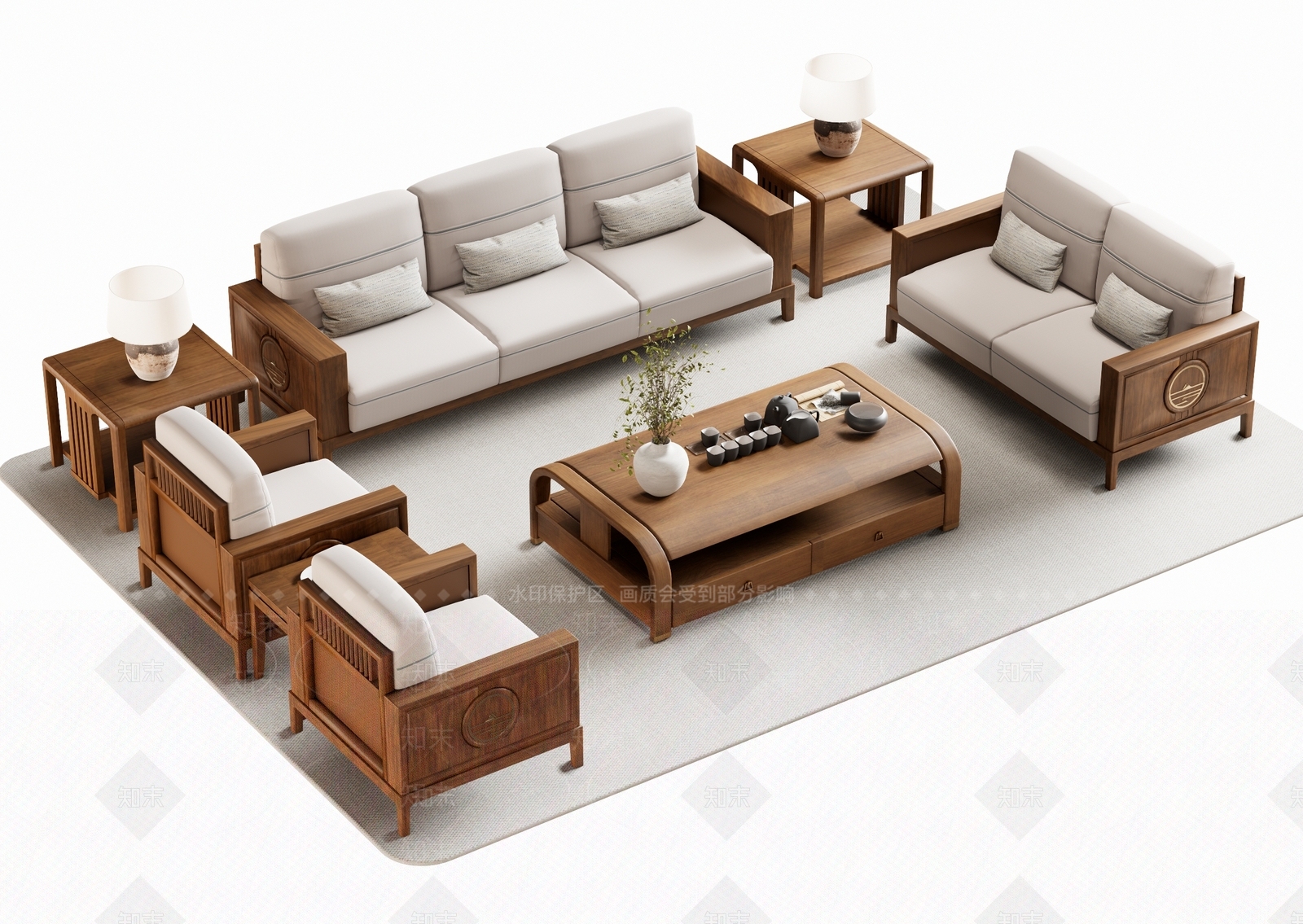 新中式沙发茶几3D模型下载【ID:1158424203】