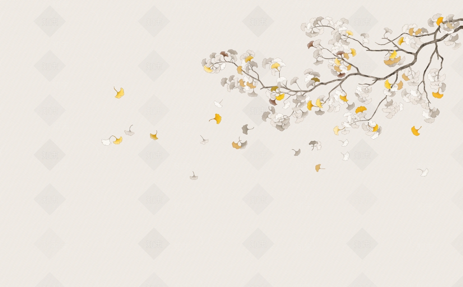 新中式银杏叶壁画壁布贴图下载【ID:1158429949】