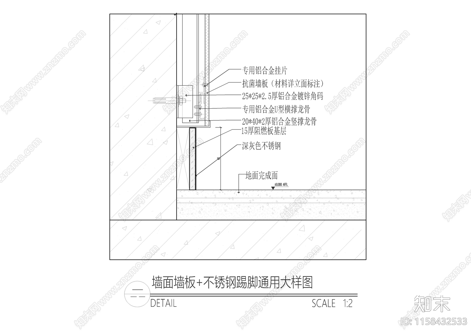 墙板不锈钢踢脚通用大样图cad施工图下载【ID:1158432533】