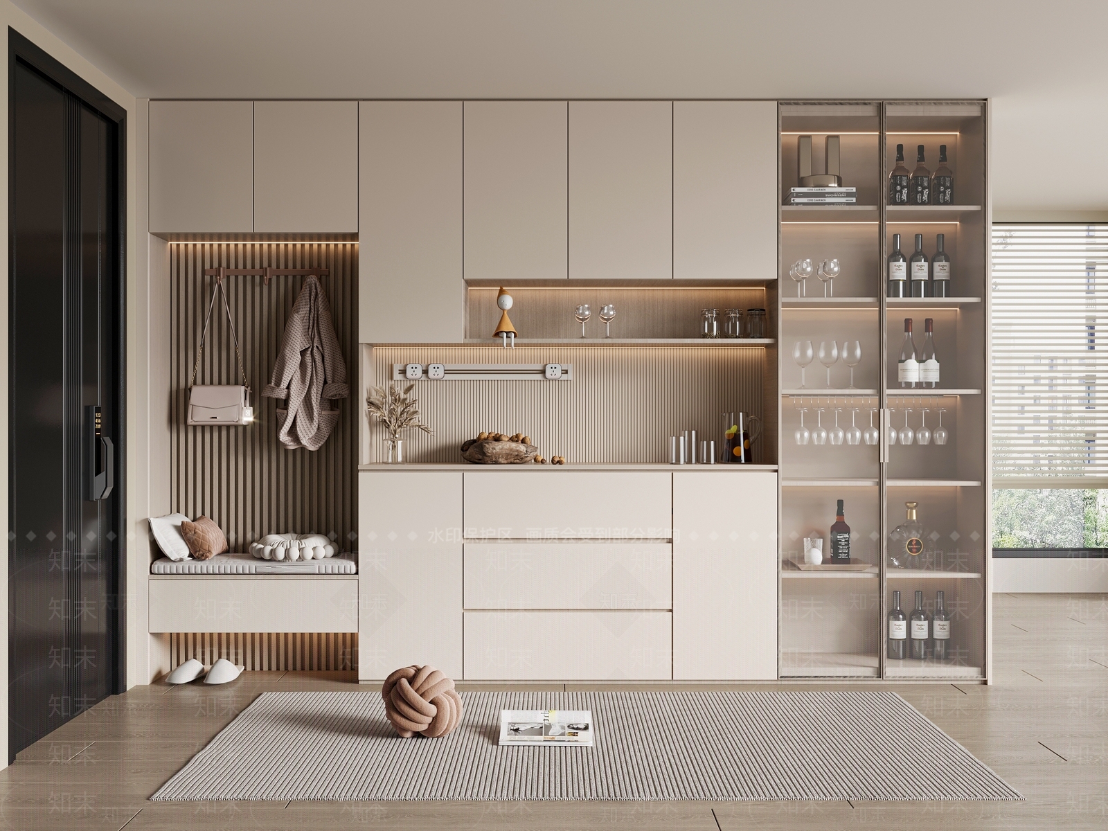 现代奶油风入户鞋柜酒柜一体SU模型下载【ID:1158432981】