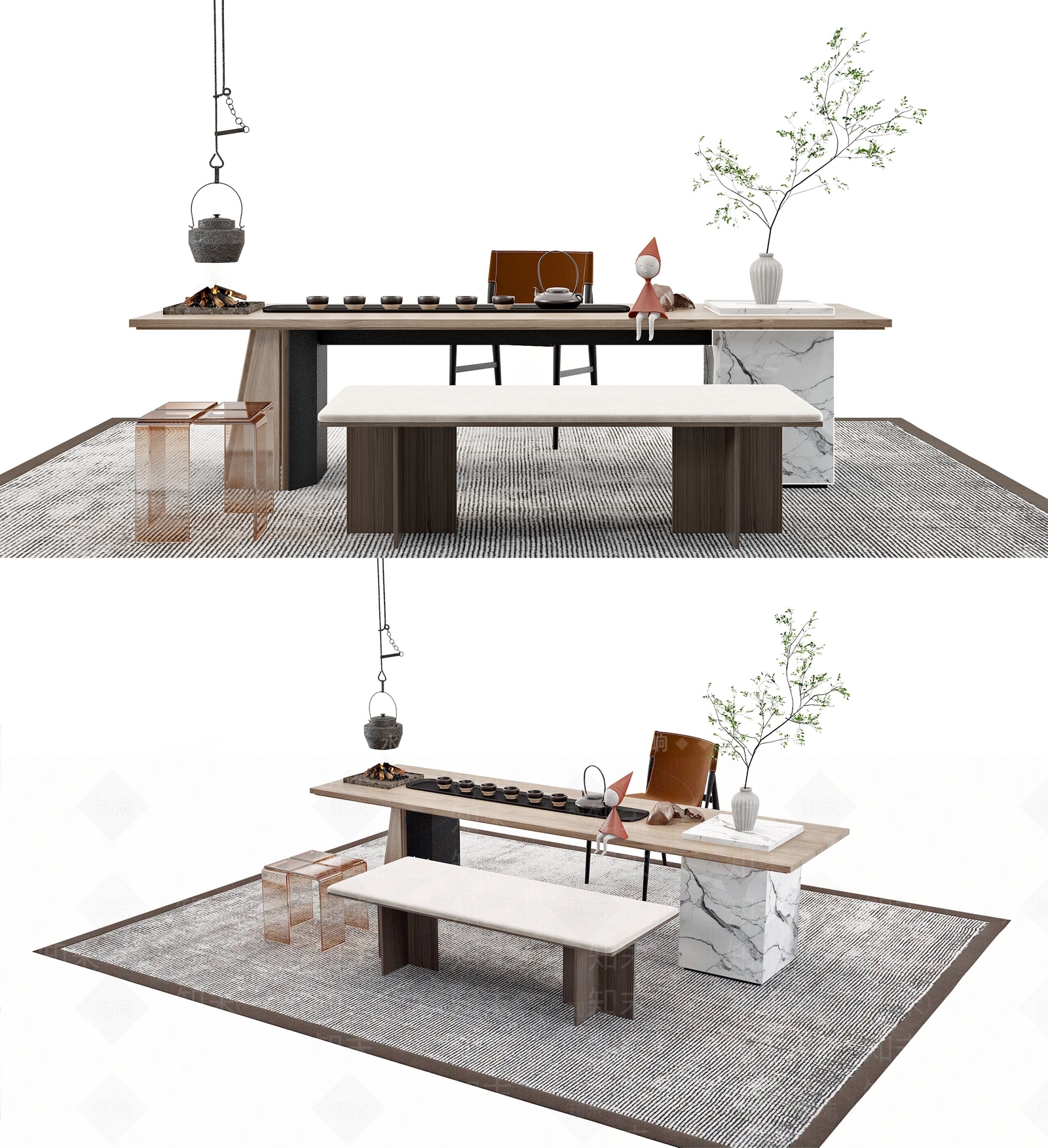 新中式茶桌椅茶具组合3D模型下载【ID:1158544346】