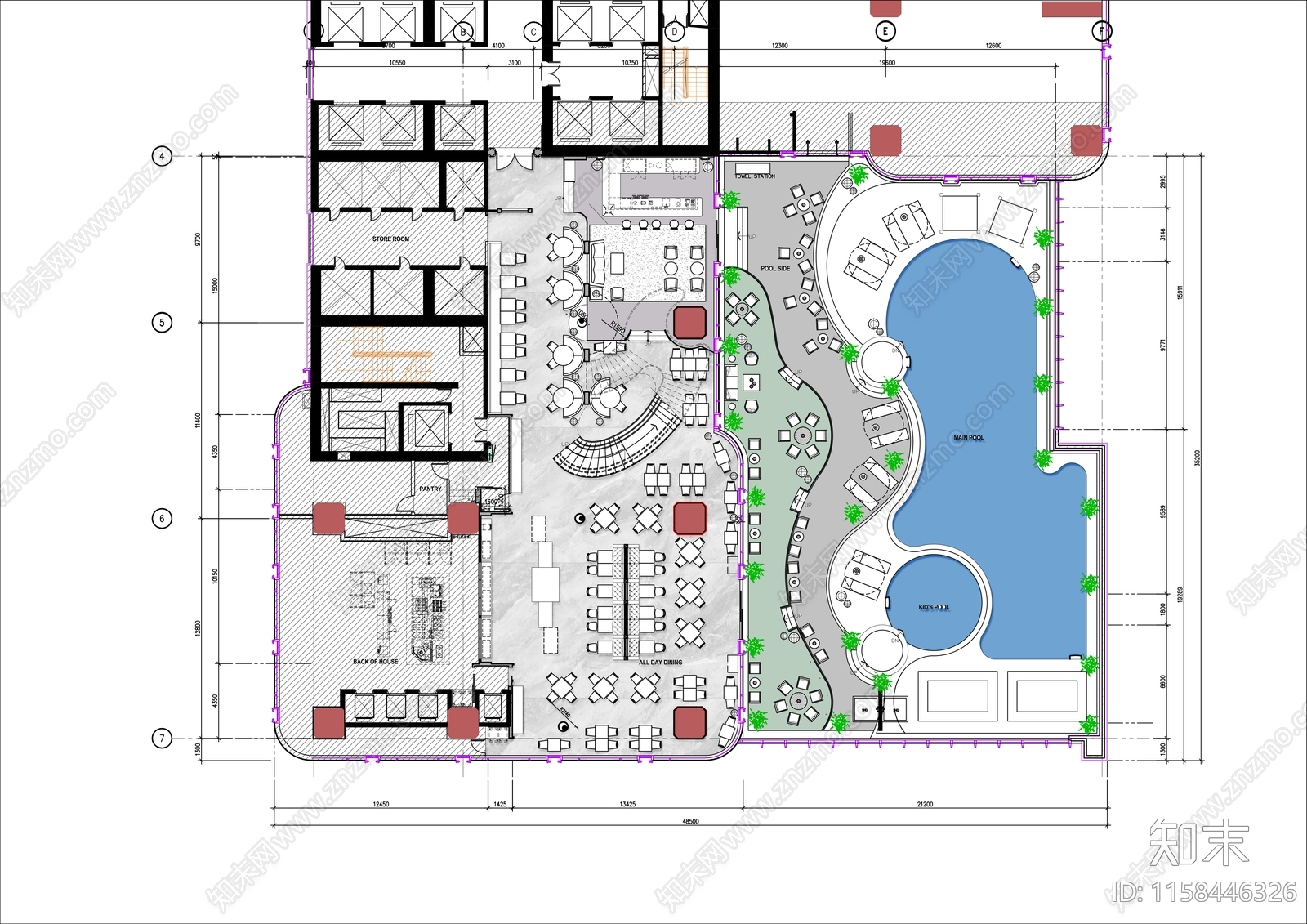 1000㎡酒店景观咖啡厅平面布置图施工图下载【ID:1158446326】