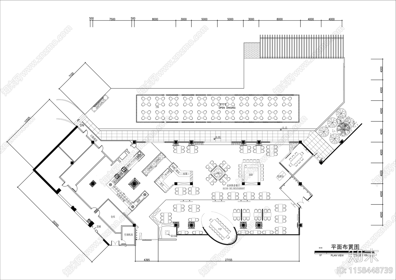1000㎡自助餐厅平面布置图cad施工图下载【ID:1158448739】