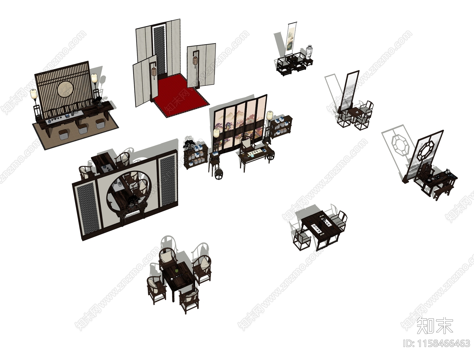 新中式古风茶室桌椅SU模型下载【ID:1158466463】