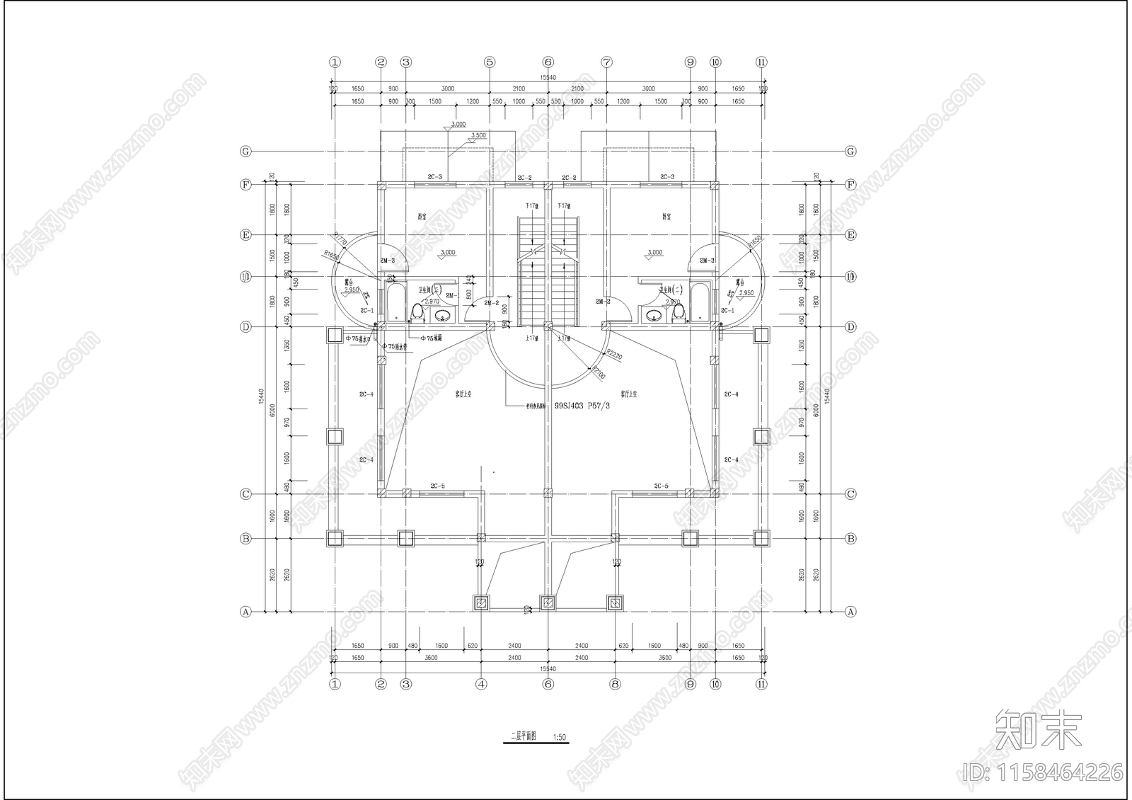 双拼别墅建筑设计图cad施工图下载【ID:1158464226】