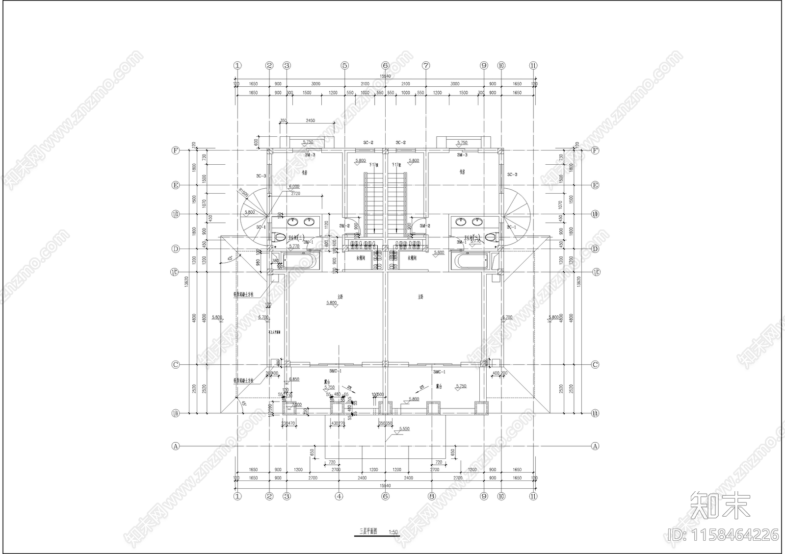 双拼别墅建筑设计图cad施工图下载【ID:1158464226】