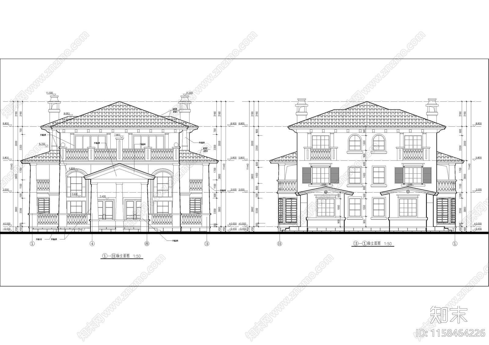 双拼别墅建筑设计图cad施工图下载【ID:1158464226】