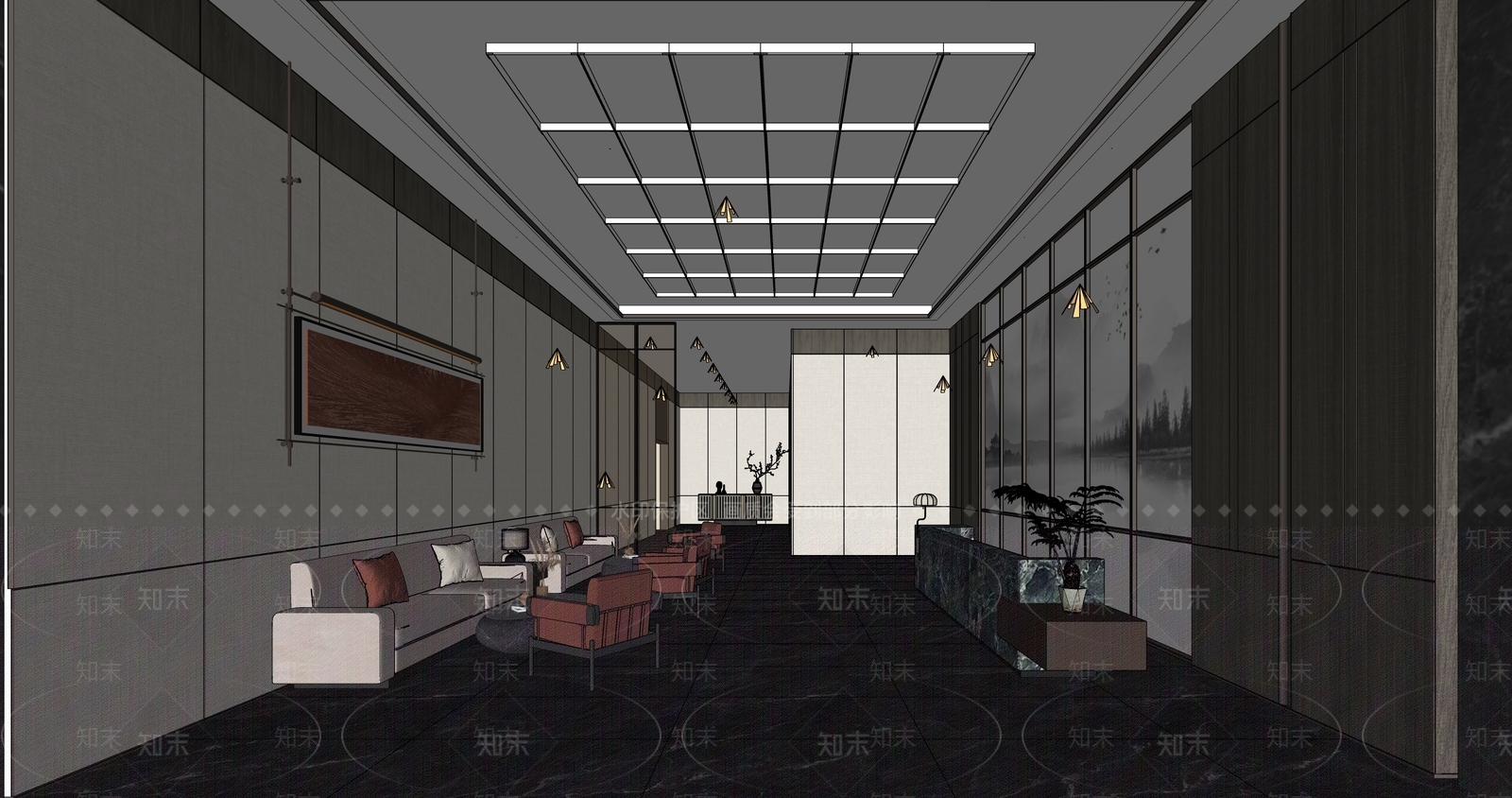 新中式酒店大堂SU模型下载【ID:1158467305】