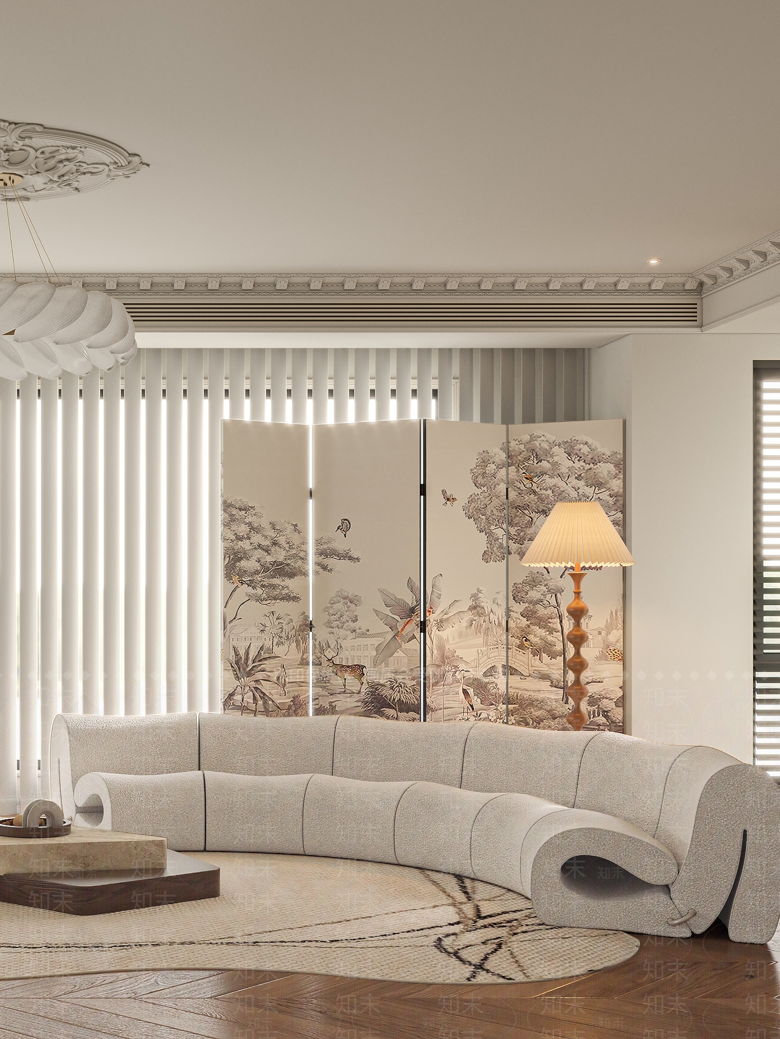 法式奶油风客厅3D模型下载【ID:1158468277】