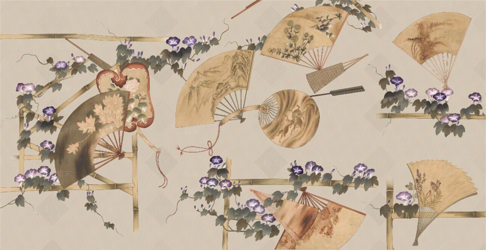 新中式扇子壁画壁纸贴图下载【ID:1158469293】