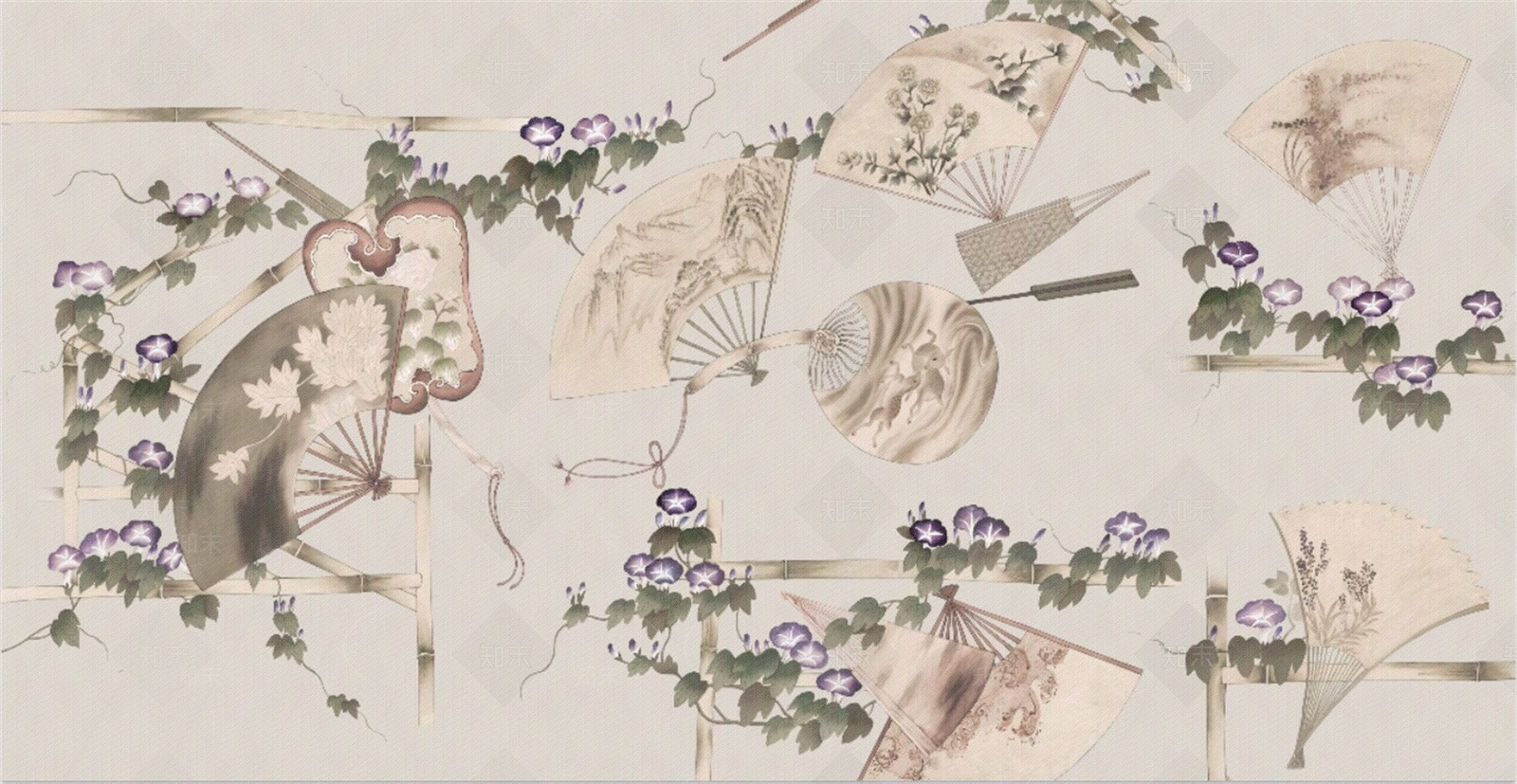 新中式扇子壁画壁纸贴图下载【ID:1158469288】