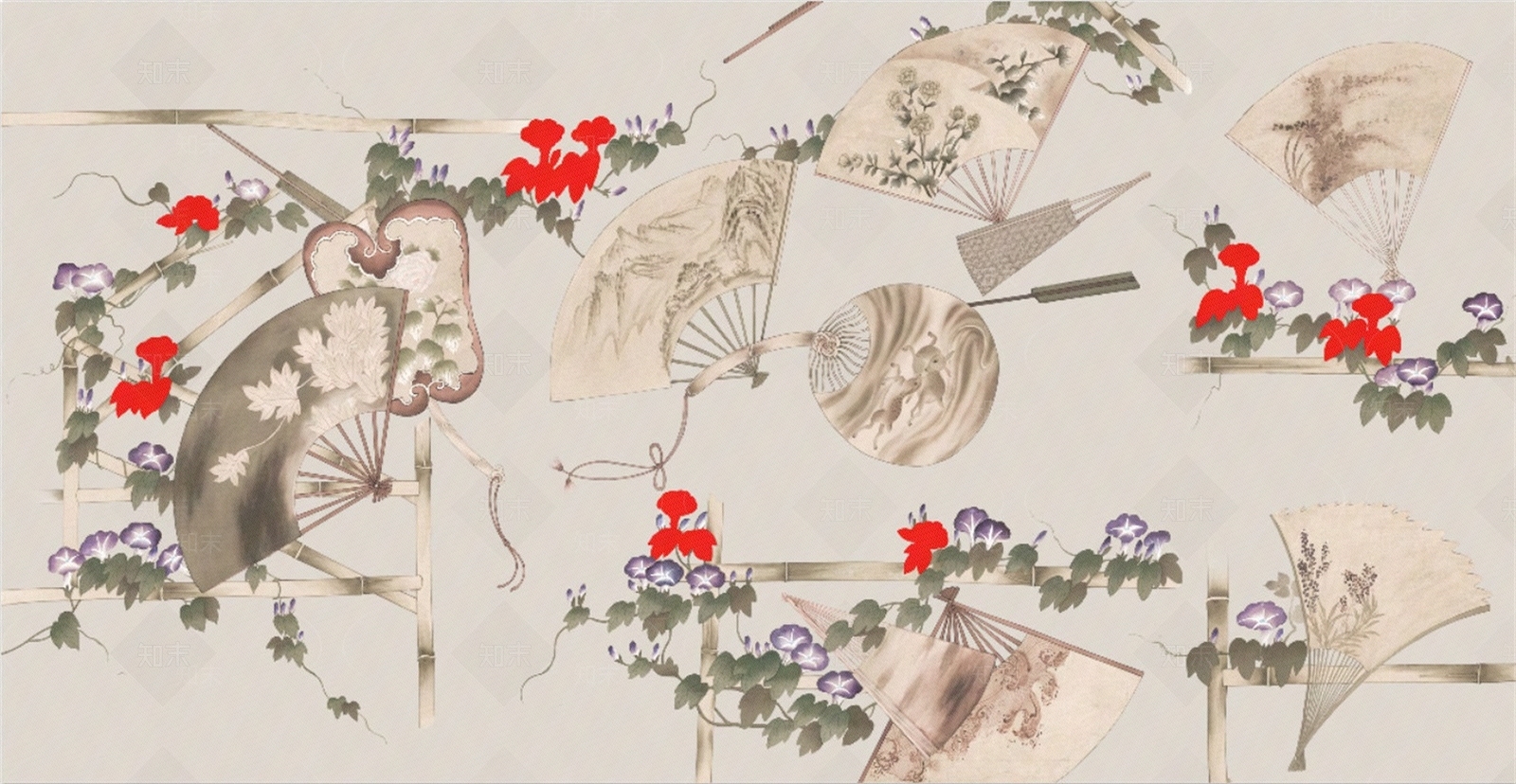 新中式扇子壁画壁纸贴图下载【ID:1158469373】