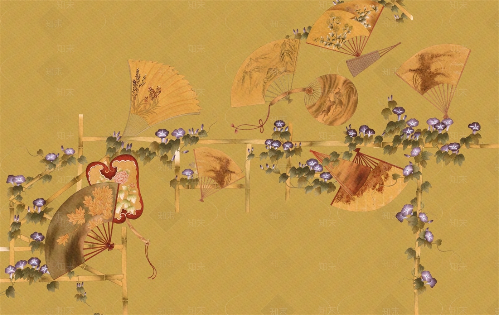 新中式扇子壁画壁纸贴图下载【ID:1158469384】