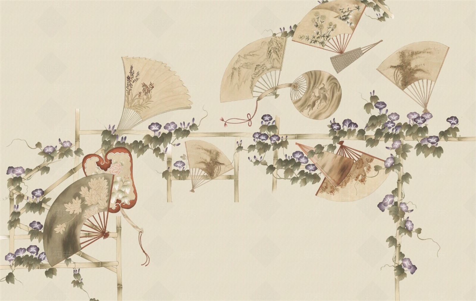 新中式扇子壁画壁纸贴图下载【ID:1158469464】
