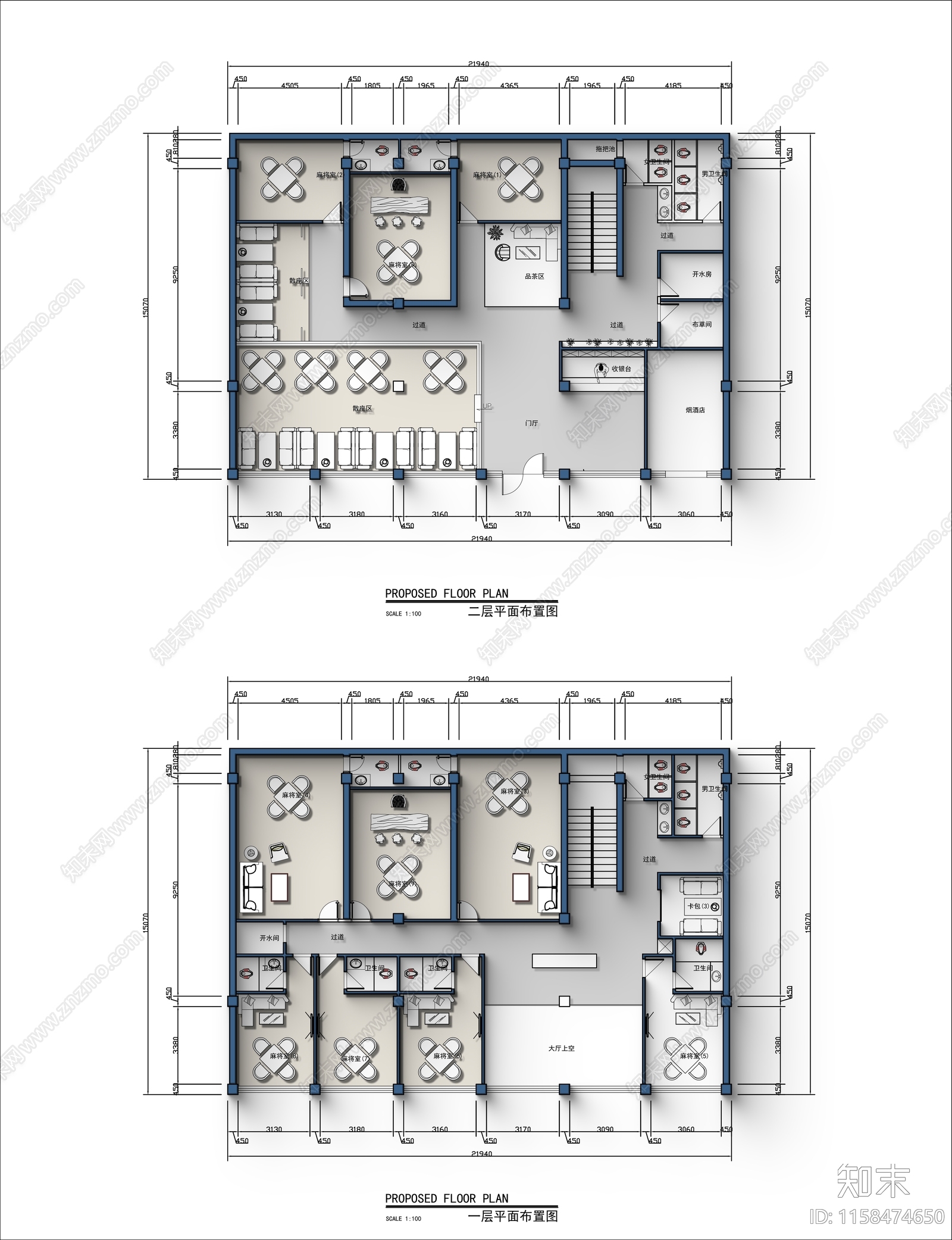 600㎡两层茶楼棋牌室平面布置图cad施工图下载【ID:1158474650】