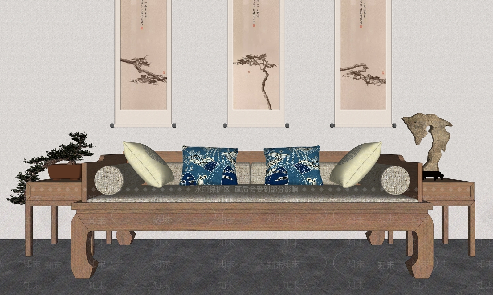 新中式罗汉床SU模型下载【ID:1158480419】