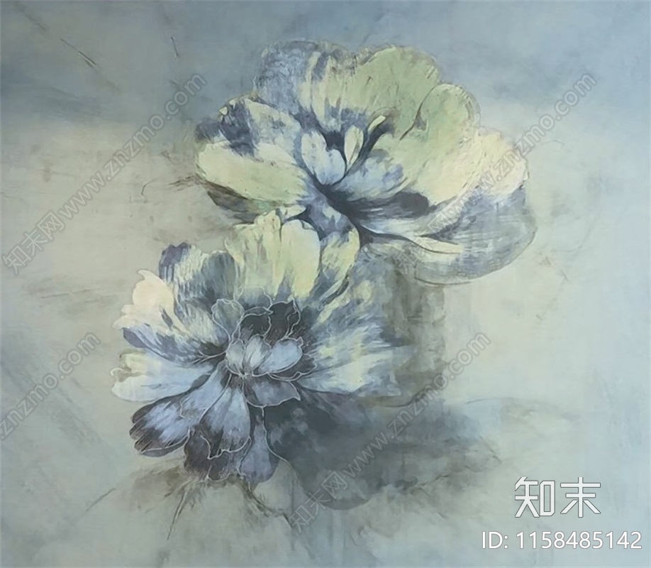 蓝色北欧油画花朵植物壁纸壁画装饰画墙布贴图下载【ID:1158485142】