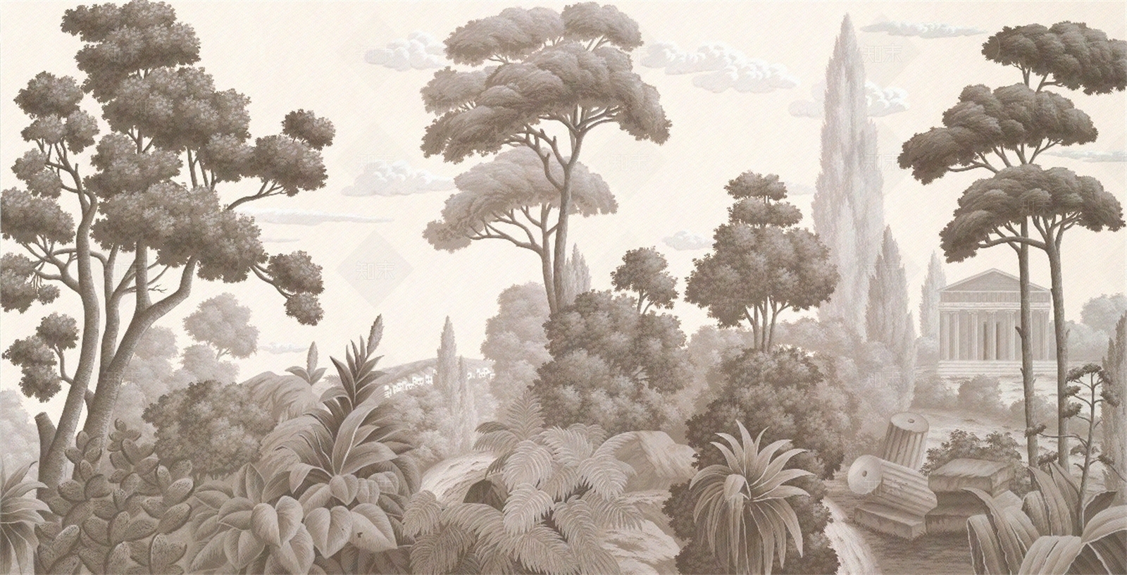 棕色植物印花壁布壁画贴图下载【ID:1158485996】