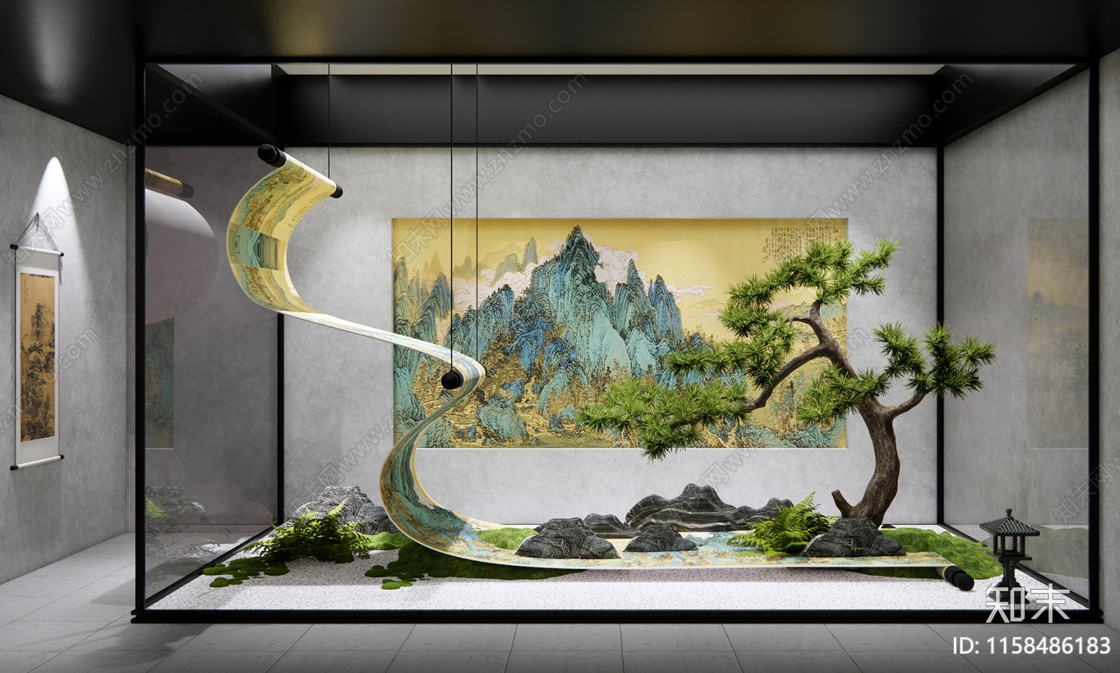 新中式山水字画室内景观造景3D模型下载【ID:1158486183】