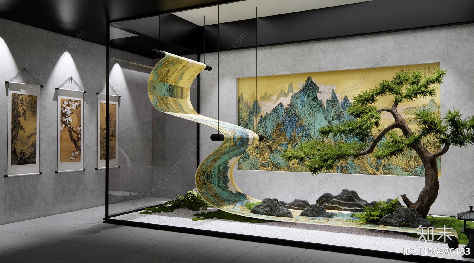 新中式山水字画室内景观造景3D模型下载【ID:1158486183】