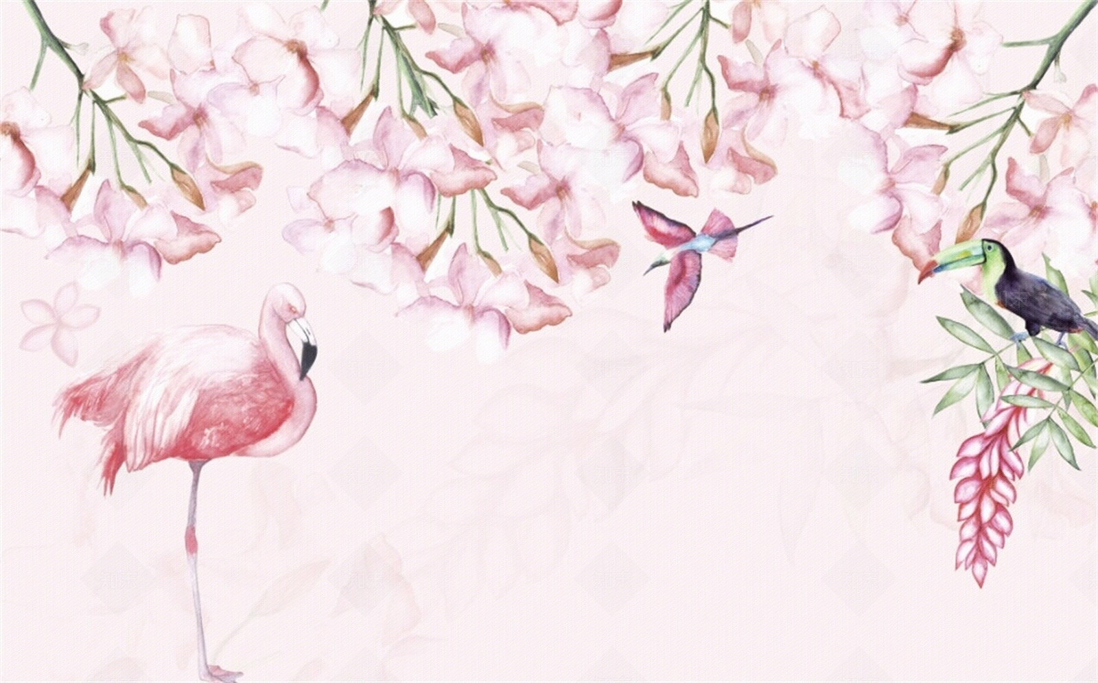 粉色火烈鸟花朵墙布壁纸壁画装饰画贴图下载【ID:1158487257】