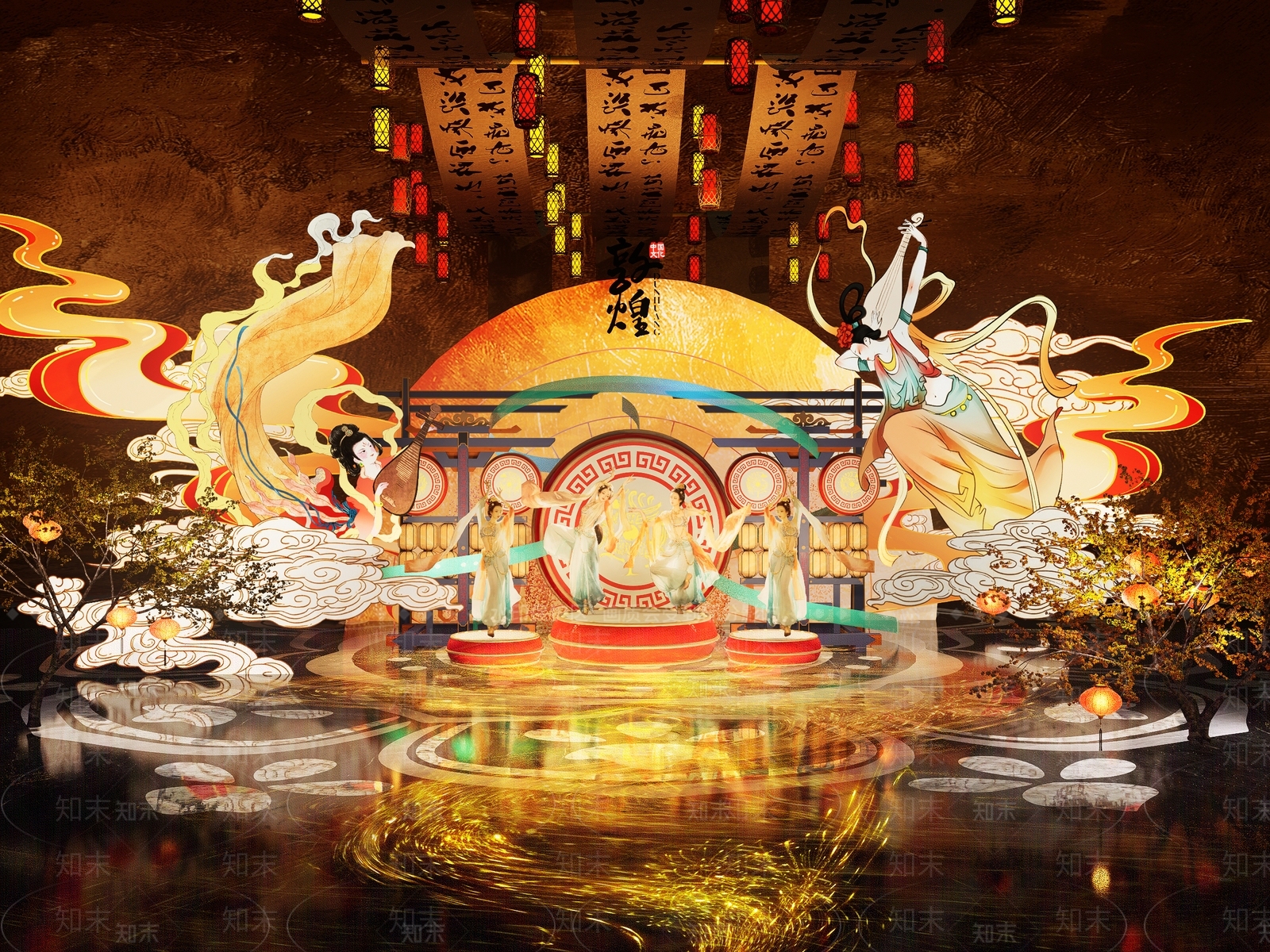 新中式古风打卡敦煌国潮美陈舞台SU模型下载【ID:1158503132】