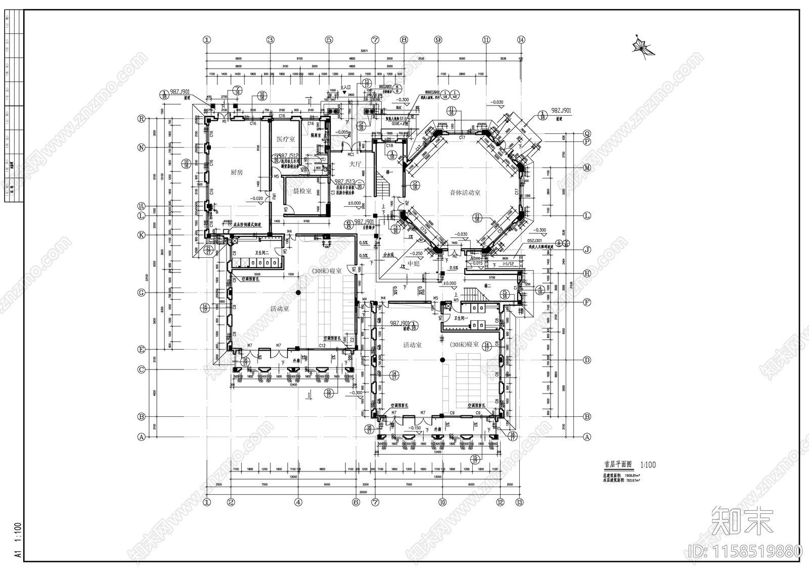 某仿欧式小区配套幼儿园建筑cad施工图下载【ID:1158519880】