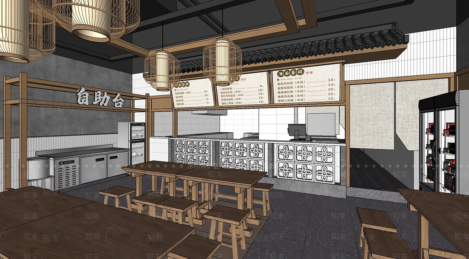 新中式手工面馆SU模型下载【ID:1158535438】