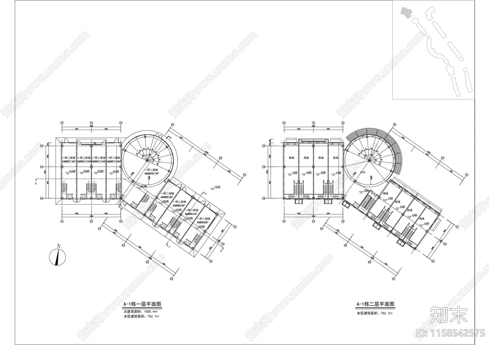 两层一拖二商业街建筑cad施工图下载【ID:1158542575】