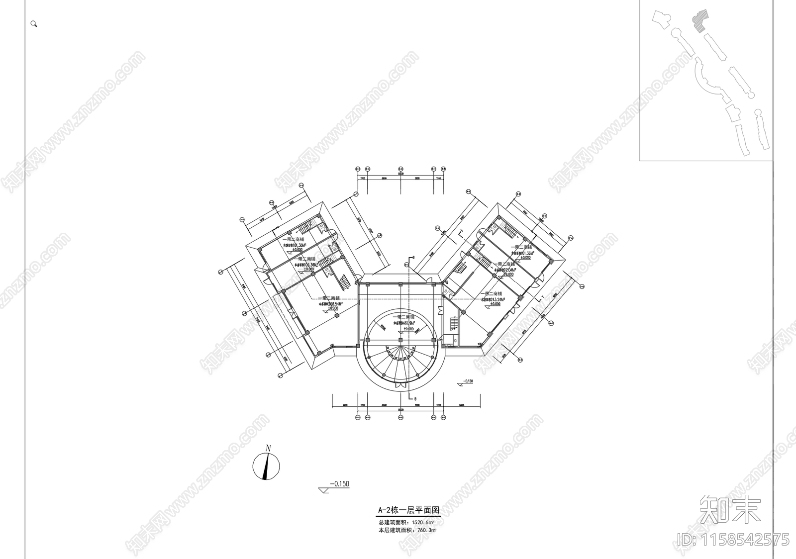 两层一拖二商业街建筑cad施工图下载【ID:1158542575】