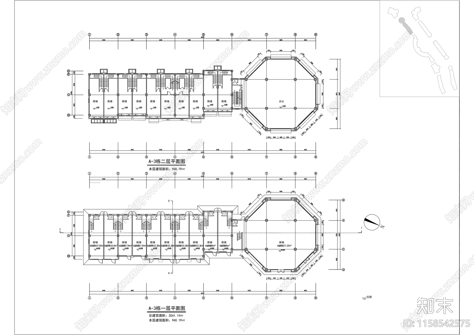 两层一拖二商业街建筑cad施工图下载【ID:1158542575】