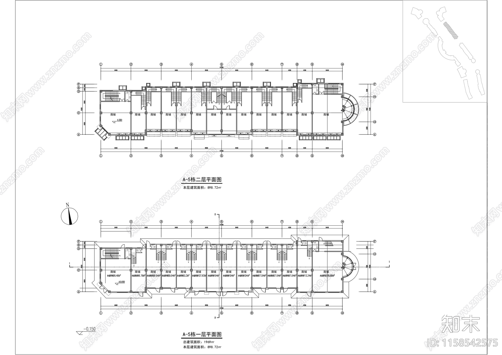 两层一拖二商业街建筑cad施工图下载【ID:1158542575】