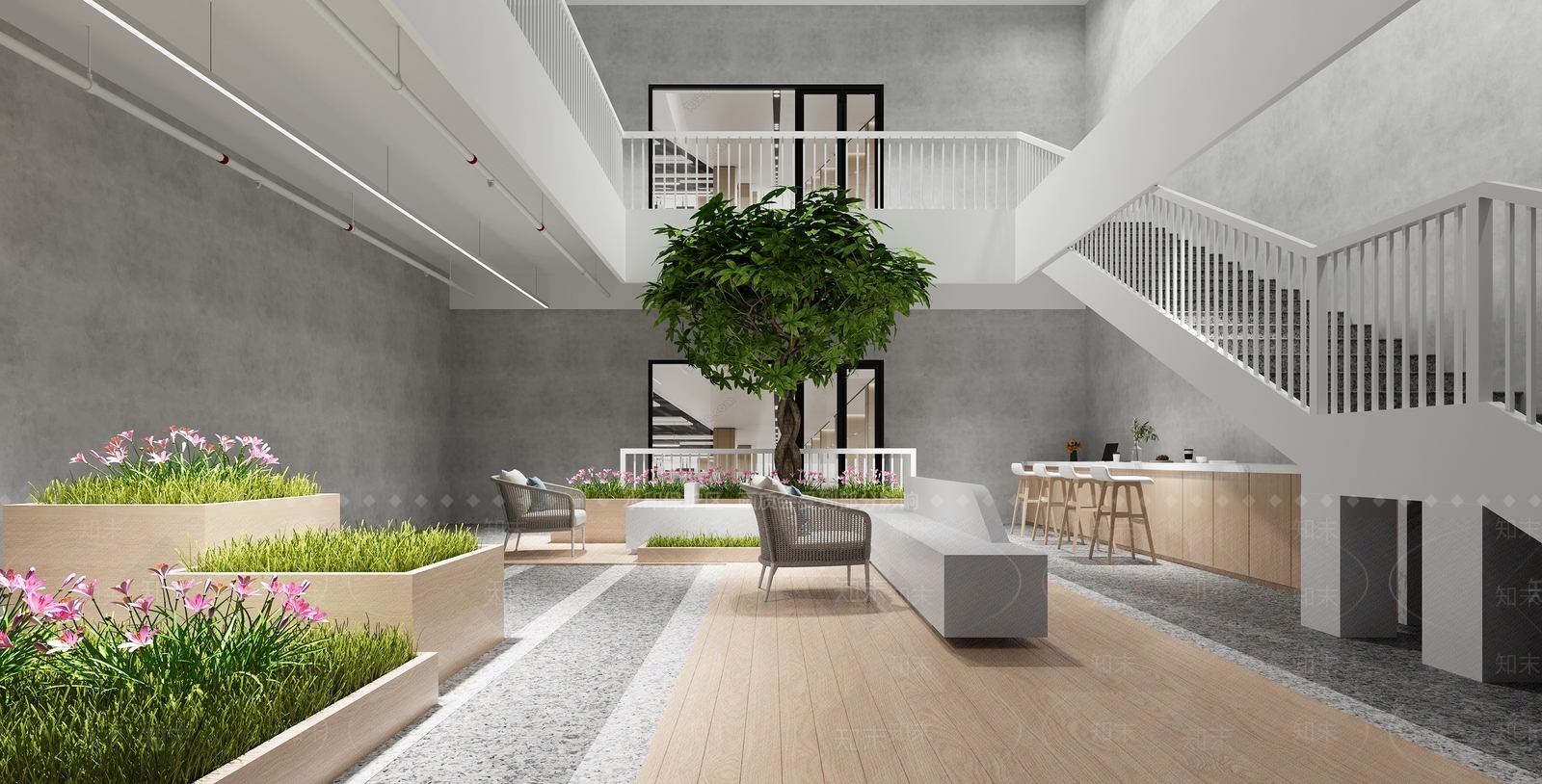 现代办公楼中庭景观3D模型下载【ID:1158556768】
