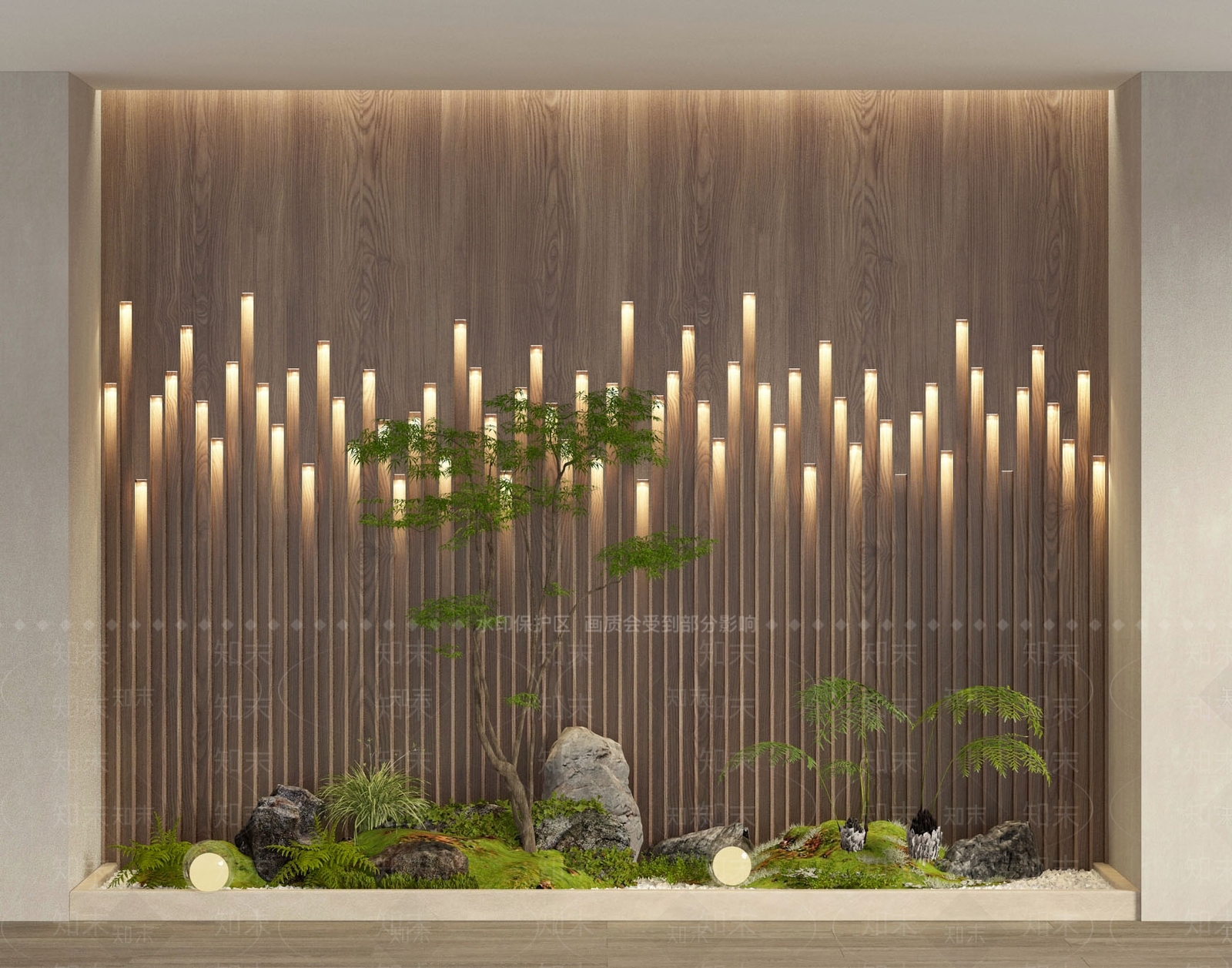 现代室内园艺造景绿植景观木饰面背景墙3D模型下载【ID:1158557202】