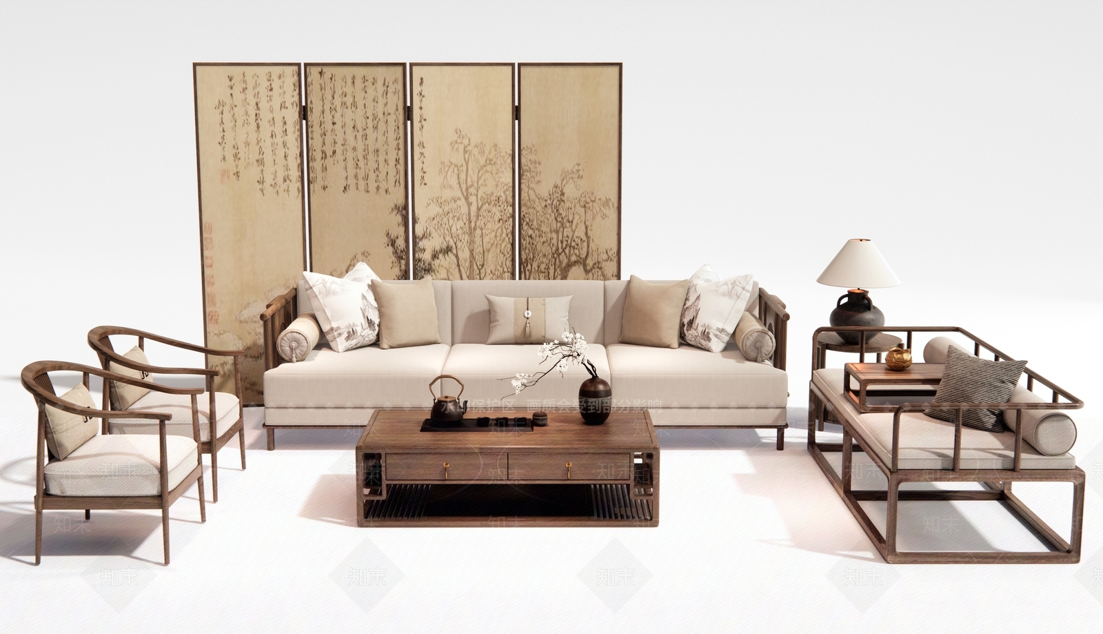 新中式沙发茶几组合3D模型下载【ID:1158564251】