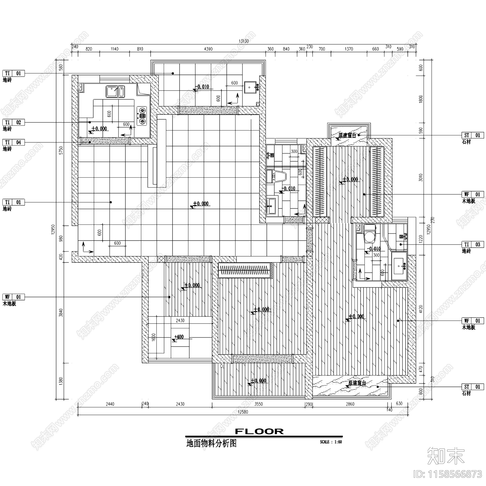 简约原木天虹国际三室两厅室内家装cad施工图下载【ID:1158566873】