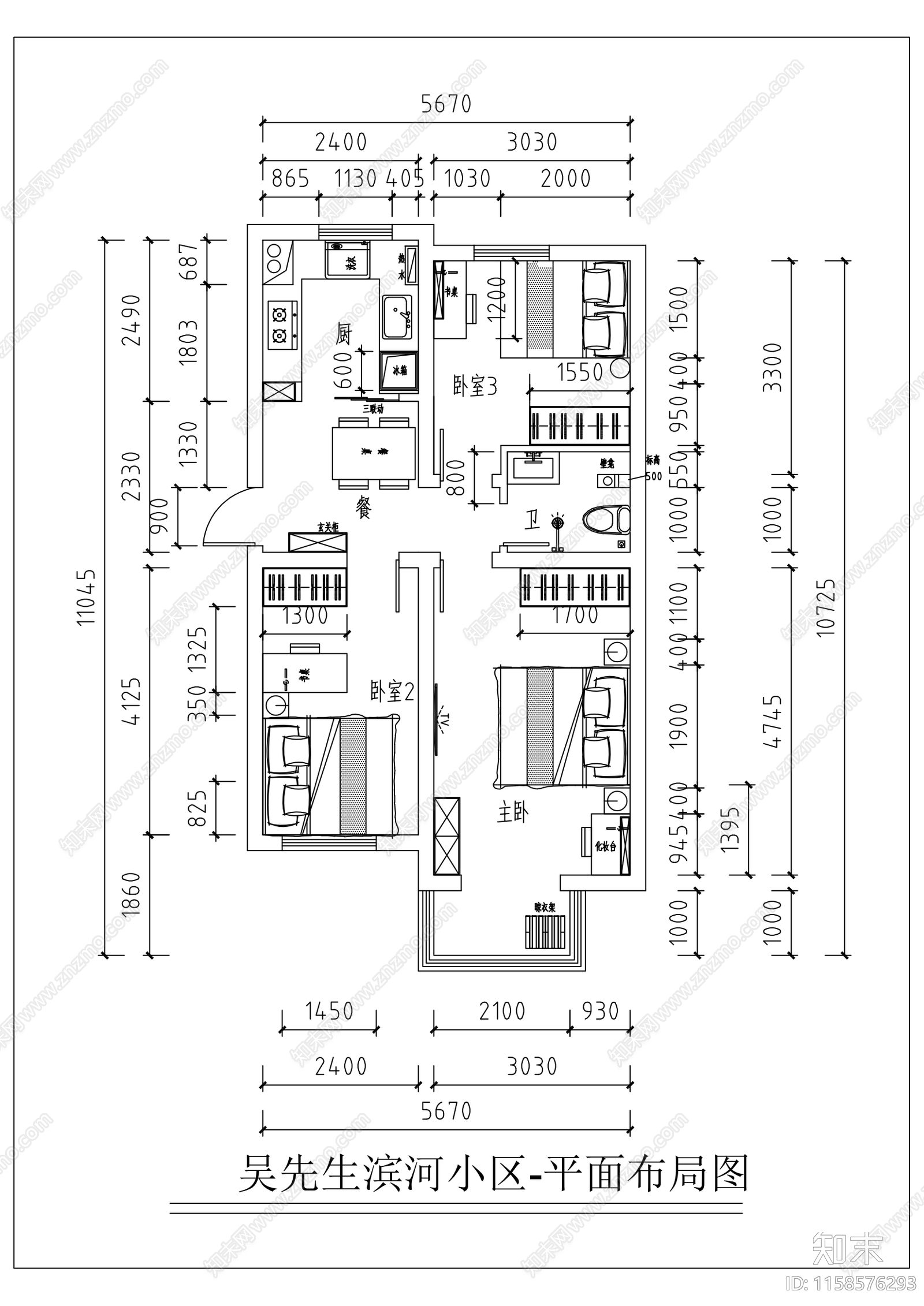 吴先生滨河小区家装平面布局方案cad施工图下载【ID:1158576293】