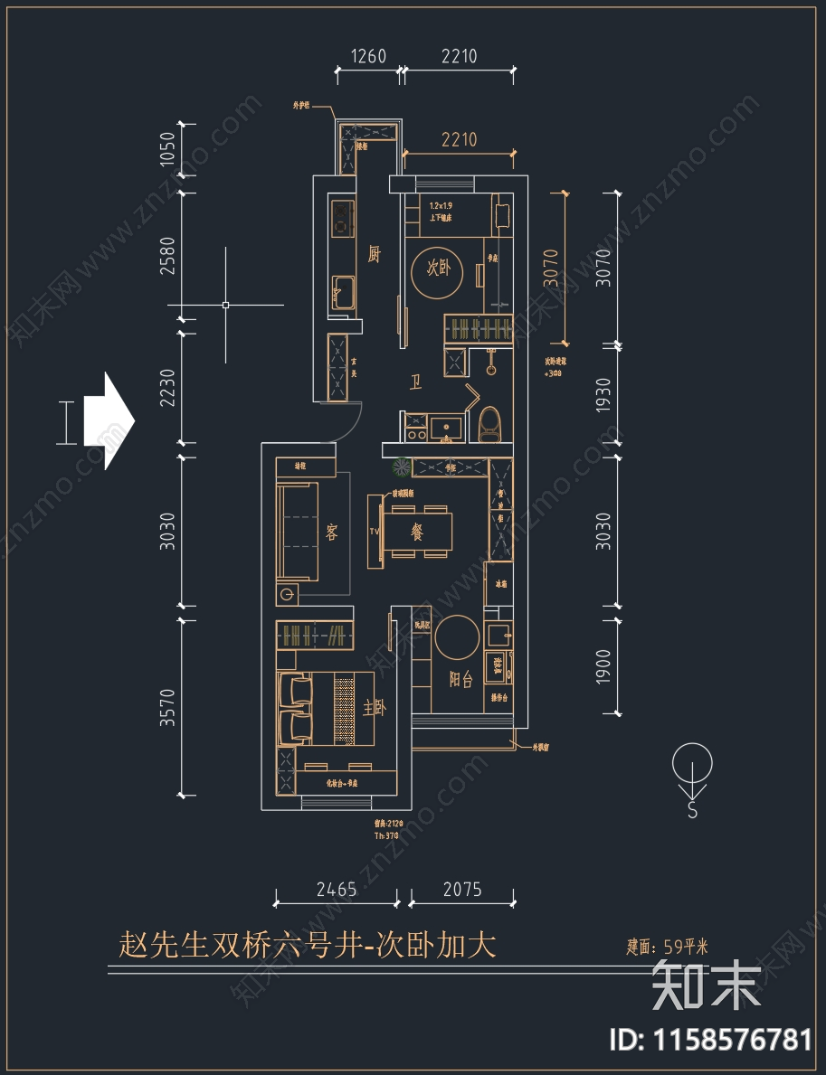 赵先生双桥六号井家装平面布局方案cad施工图下载【ID:1158576781】