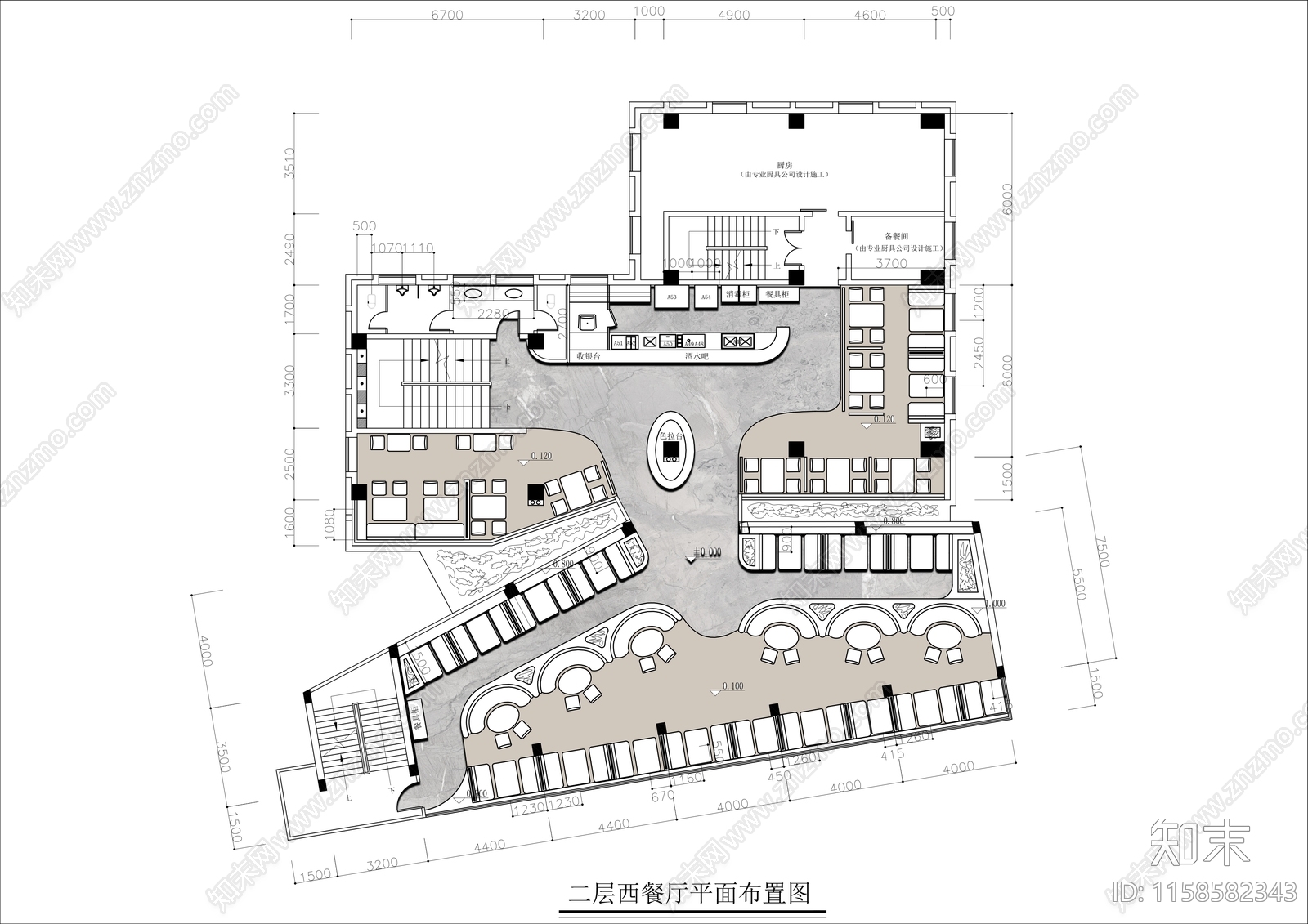 400㎡西餐厅平面布置图施工图下载【ID:1158582343】