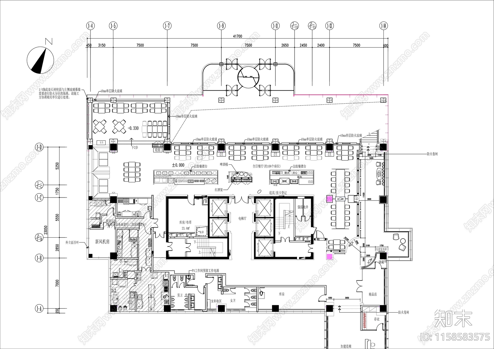 400㎡宾馆自助餐厅平面布置图cad施工图下载【ID:1158583575】