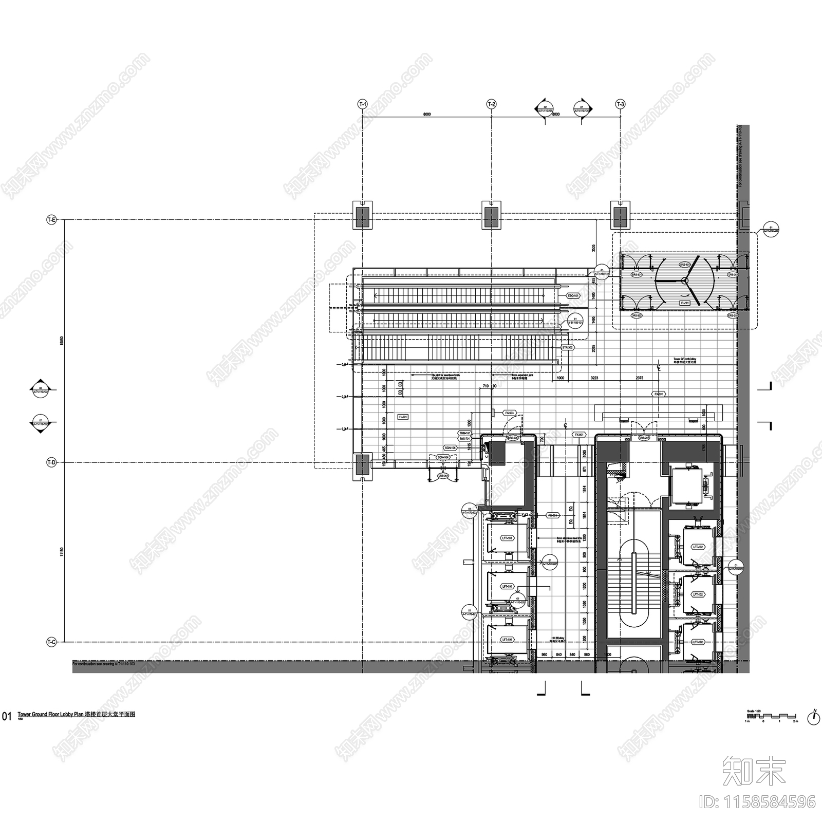 上海苏河湾华润置地办公楼大堂及电梯厅室内工装CAcad施工图下载【ID:1158584596】