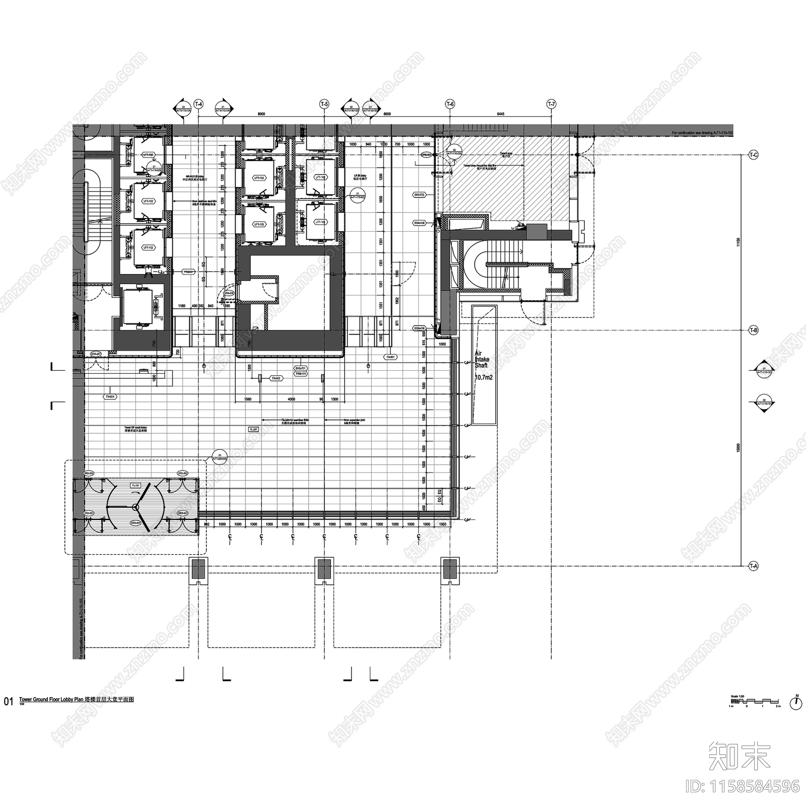 上海苏河湾华润置地办公楼大堂及电梯厅室内工装CAcad施工图下载【ID:1158584596】