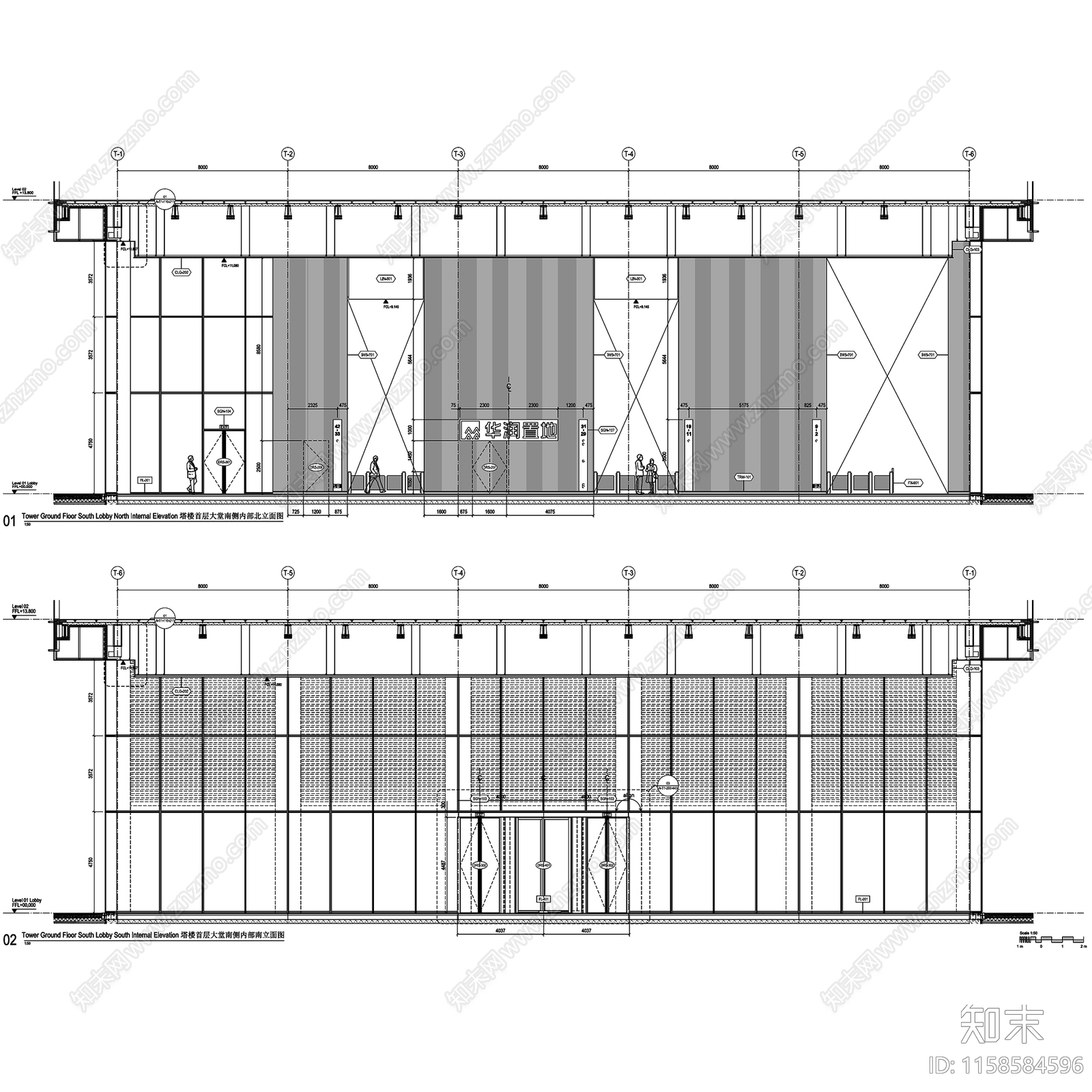 上海苏河湾华润置地办公楼大堂及电梯厅室内工装CAcad施工图下载【ID:1158584596】