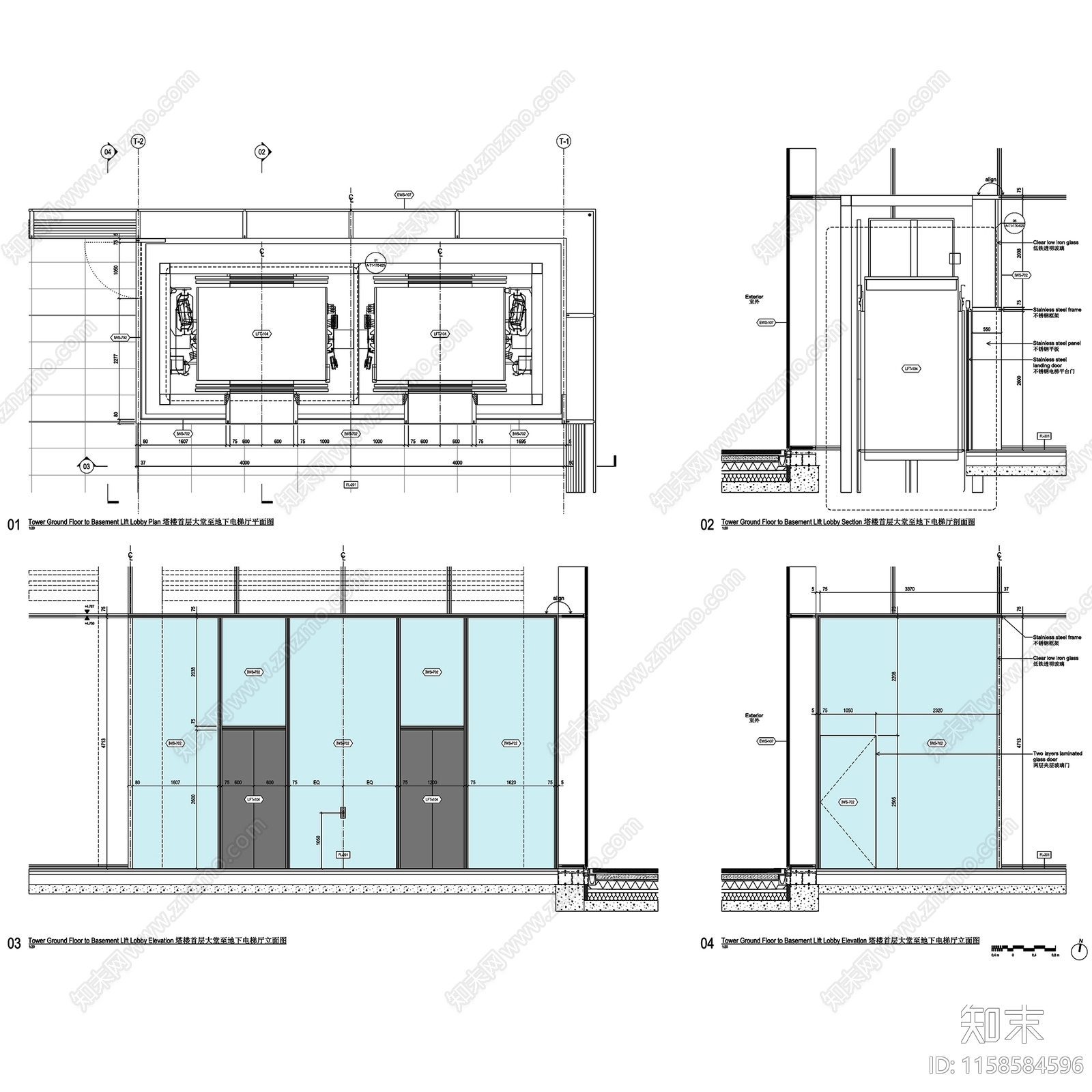 上海苏河湾华润置地办公楼大堂及电梯厅室内工装CAcad施工图下载【ID:1158584596】