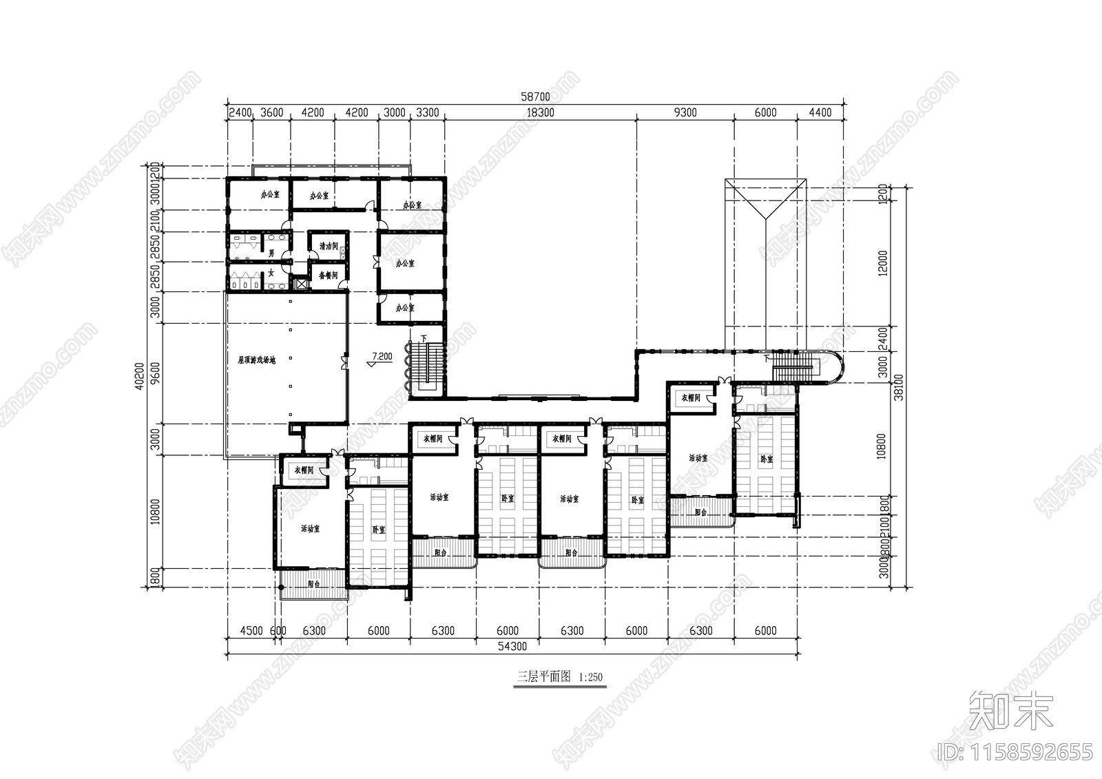 幼儿园建筑方案平面图cad施工图下载【ID:1158592655】