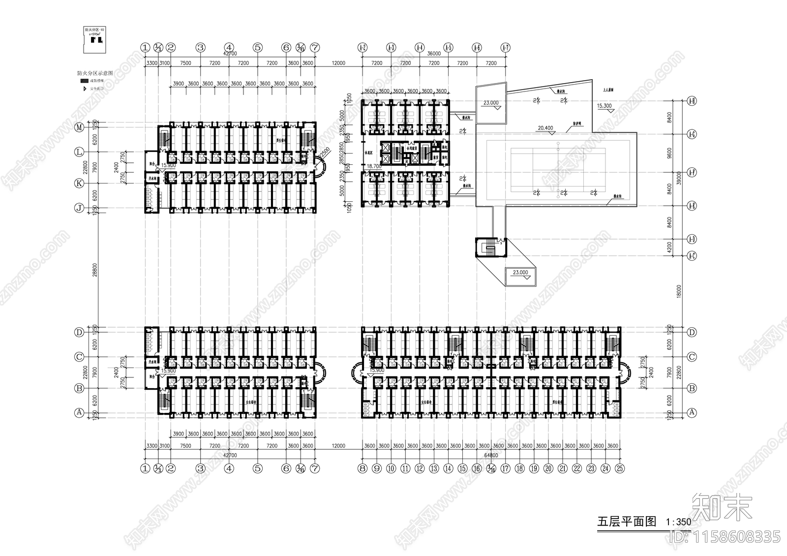 某高校生活区宿舍食堂建筑图cad施工图下载【ID:1158608335】