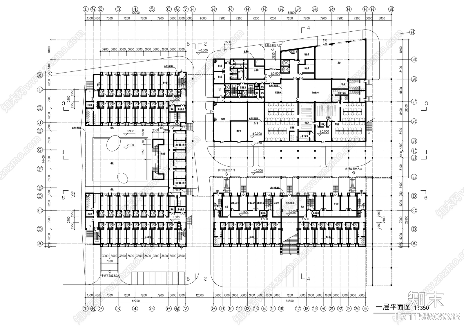 某高校生活区宿舍食堂建筑图cad施工图下载【ID:1158608335】